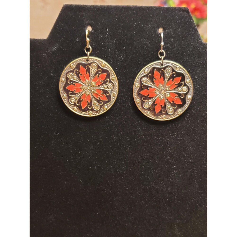 Vintage Red Enamel Flower Dangle Earrings, Gold Tone Crystal Filigree Boho Jewel